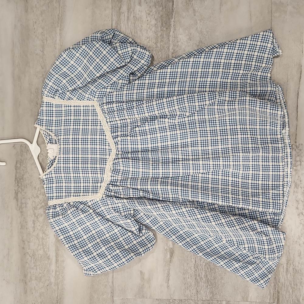 Noma Girls Blue Cream Plaid Dress Lace Trim